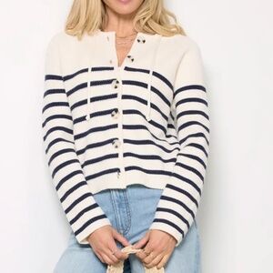 Evereve Isabel Striped Hoodie Cardigan, Navy White, Size Small